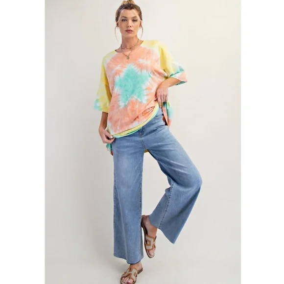 109. NWT Easel Tie-Dye Short Sleeve Tee - Coral, Mint Green, Yellow, White - Picture 2 of 6